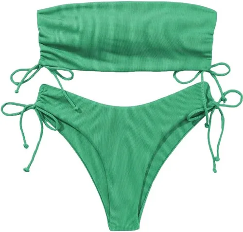 Vista 4 de Tripsky Women's Bandeau Bikini Sets Two Piece Swimsuit High Cut Bathing Suit Ribbed Bikini Set