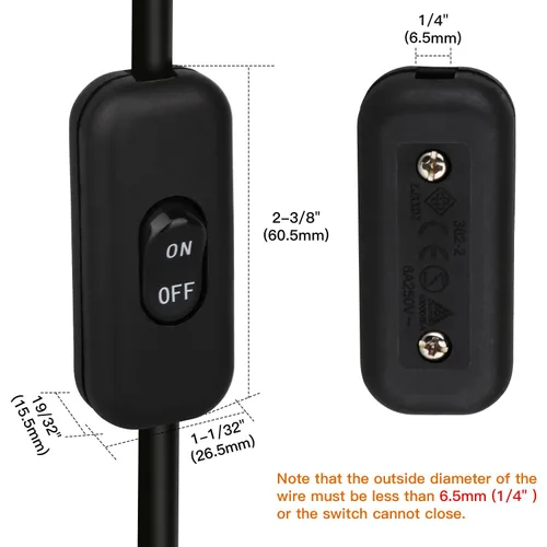 Vista 3 de Helunsi - Paquete de 2 interruptores en línea negros, interruptor de encendido/apagado de cable de lámpara Interruptores de luz en línea