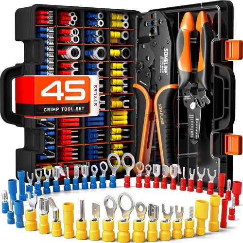 Vista 12 de SOMELINE Kit de herramientas de prensado de conectores eléctricos, crimpadora de terminales de trinquete 22-10 AWG, con conectores aislados a tope