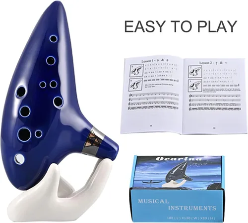 Vista 6 de Ocarina Piccolo de cerámica Alto C de 12 agujeros, regalo de instrumento musical para adultos principiantes con soporte de exhibición, libro