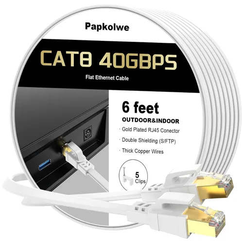 Vista 10 de Cable Ethernet Cat 8 de 1.5 pies, cable de red LAN Cat8 de alta velocidad, cable de conexión plano RJ45 de 40 Gbps 2000 MHz para computadora