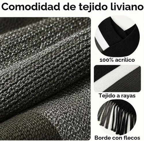 Vista 6 de Ferand Suéter tipo poncho a rayas para mujer, acogedor chal de punto con flecos para otoño e invierno Negro & gris