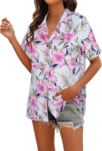 Vista 3 de MYHALF - Camisa de verano estilo hawaiana para mujer, suave y fresca, con estampado floral tropical, cuello en V, manga corta y botones