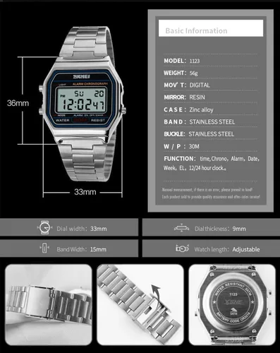 Vista 5 de Reloj digital para hombre, banda de acero inoxidable, resistente al agua, electrónico, cuadrado, LED, luz trasera, reloj de pulsera