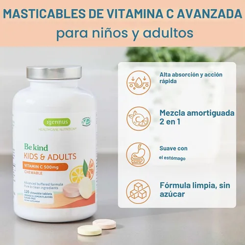 Vista 2 de Igennus Vitamina C masticable 250-500mg suave y tamponada para niños y adultos