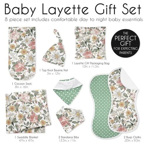 Vista 6 de Sweet Jojo Designs Juego de capas de bebé vintage floral bohemio para niña recién nacida, regalo rosa, amarillo y verde, blanco, bohemio, Shabby