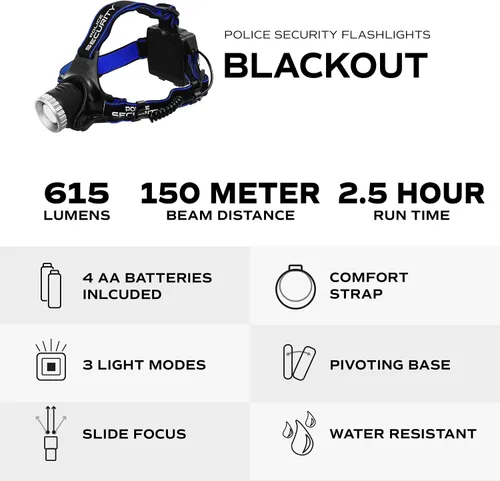 Vista 2 de Police Security Elite Blackout - Linterna frontal – 615 lúmenes – 7 horas de duración de la batería – camping, caminata, pesca – resistente a