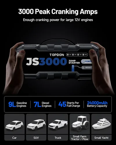Vista 3 de TOPDON Arrancador de batería de coche JS3000, 3000A, modo de impulso, 9L Negro oscuro