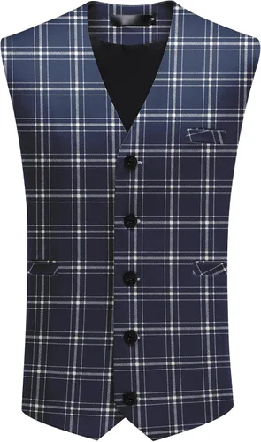 Vista 10 de YFFUSHI Chalecos de traje para hombre, a cuadros, ajustados, para vacaciones, bailes, bodas Negro