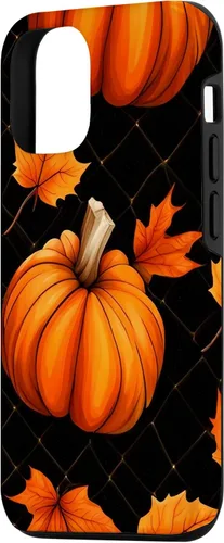 Vista 2 de iPhone 14 calabazas negro y naranja cuadros otoño hojas otoño Halloween caso