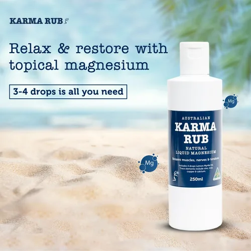 Vista 2 de Karma Rub Aceite de magnesio líquido tópico – 100% natural, oligominerales – Alivio del estrés, alivio de la migraña, alivio del dolor muscular