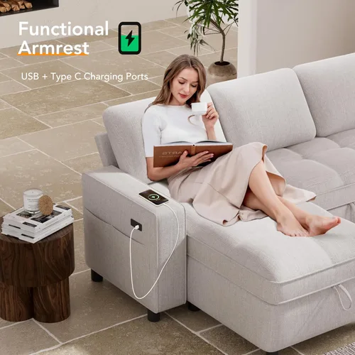 Vista 6 de Vipbear Sofá cama modular de 81 pulgadas con cama extraíble, sofá en forma de L con respaldo reclinable, diván de almacenamiento reversible, puertos