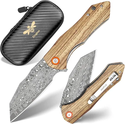 Vista 15 de Zingbee Cuchillo de bolsillo de Damasco de 3.46 pulgadas con clip, mango antideslizante azul DMXQ 1-azul
