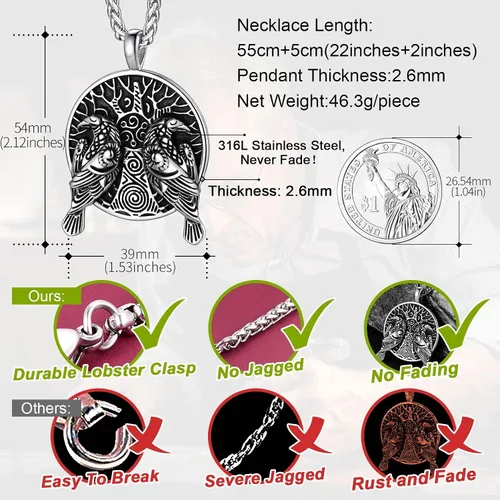 Vista 5 de FaithHeart Collar de cuervo vikingo nórdico para hombres y mujeres, joyería de cuervo celta vintage, se puede grabar, Acero inoxidable, Circonia