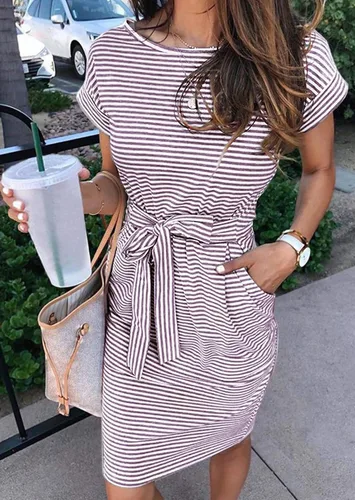 Vista 2 de MEROKEETY - Vestido de verano con manga corta, a rayas, casual, estilo camiseta, con lazo en la cintura y bolsillos, para mujer
