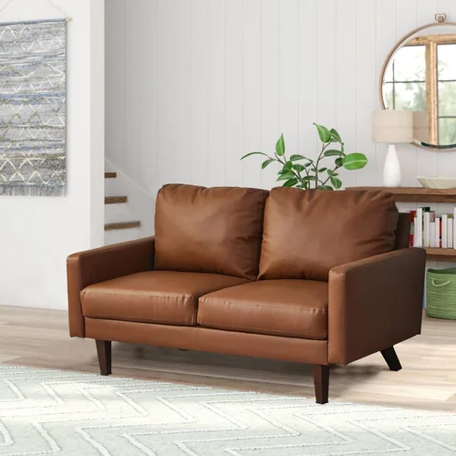 Vista 6 de INSTORY Sofá de dos plazas de cuero cómodo sofá moderno con patas de madera para sala de estar, oficina - marrón