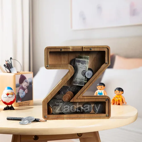 Vista 4 de Alcancía con nombre personalizado, 26 letras láser con texto personalizado, banco de monedas de madera, significado educativo, alcancía con nombre