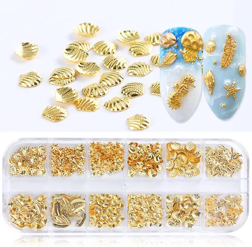 Vista 7 de Calcomanías de metal 3D para uñas, 12 formas, purpurina holográfica y lentejuelas, kit de suministros de arte dorado, caballito de mar, hojas