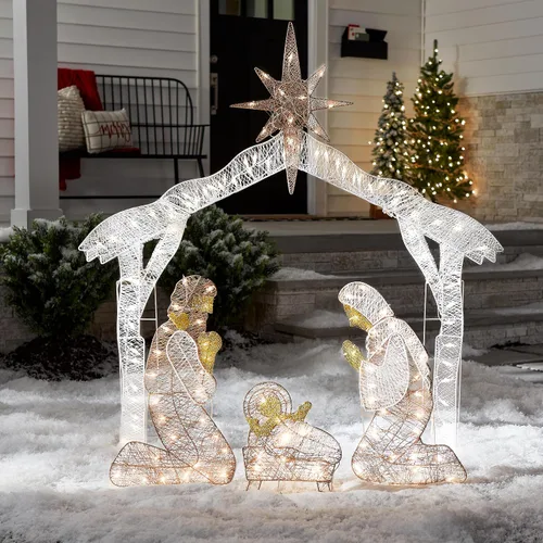 Vista 4 de National Tree Company Decoración navideña artificial preiluminada - Incluye mini luces LED blancas preencordadas y estacas para el suelo - Natividad