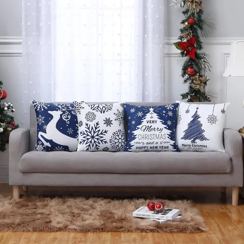 Vista 7 de Juego de 4 fundas de almohada de Navidad de 18 x 18 pulgadas, fundas de almohada de Navidad azul marino, copos de nieve, fundas de almohada de Feliz