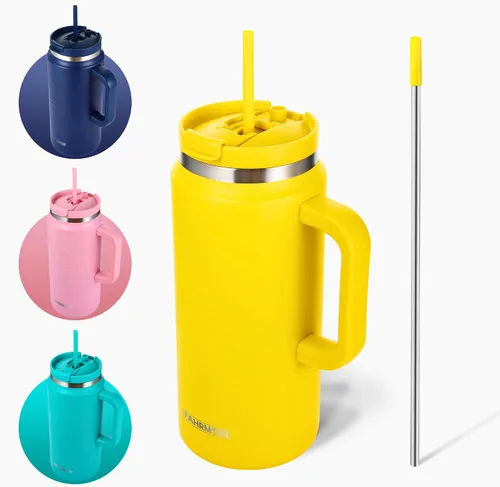 Vista 9 de FAHRMOSIS Vaso de 40 onzas con asa y pajita, taza aislada que cabe en el portavasos para bebidas frías y calientes, vaso a prueba de fugas
