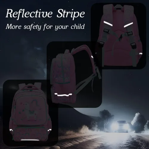 Vista 6 de Moonmo Mochila para niños para estudiantes de primaria, bolsa impermeable para preescolar, rosado, Mochila escolar