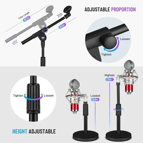 Vista 6 de CAHAYA Soporte de micrófono ajustable: soporte de micrófono con brazo de brazo de brazo de escritorio con 2 clips de micrófono Base de metal