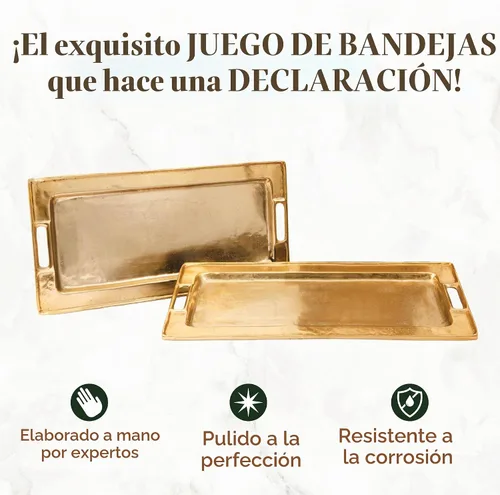 Vista 5 de Bandejas decorativas doradas de Objet D’Art, bandeja rectangular de bar Beaufort para sala de estar, otomana y mesa de café, juego de 2 bandejas