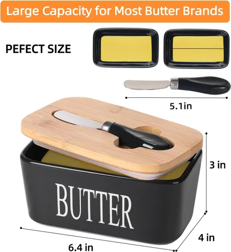 Vista 7 de Mantequillera de cerámica con tapa de madera, contenedor grande de mantequilla con esparcidor de cuchillo de acero inoxidable, cubierta de bambú