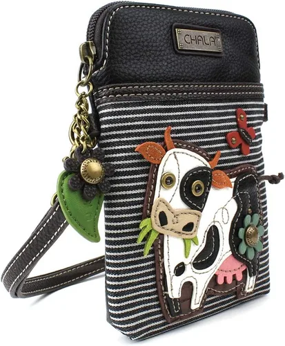 Vista 3 de CHALA Farm Animal Collection - Bolso cruzado para teléfono celular, piel sintética, lona, multicolor, con correa ajustable Vaca - Rayas Negras