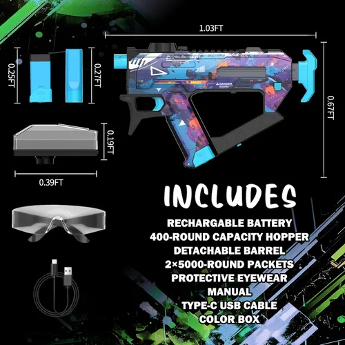 Vista 6 de Pistola eléctrica de bolas de gel, Blaster automático de bolas salpicadoras con potencia de disparo ajustable, 10,000 rondas de gel, tolva de 400