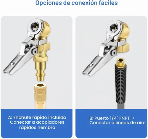 Vista 3 de 2 mandriles de aire con bloqueo NPT de 1/4 de pulgada, portabrocas de aire con clip de conexión rápida para neumáticos, boquilla de inflado