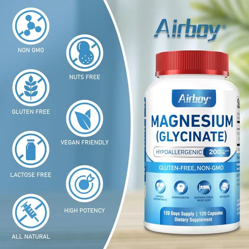 Vista 8 de Airboy Glicinato de magnesio 200 mg, el mejor glicinato de magnesio para dormir, 120 cápsulas pequeñas veganas, alta absorción apoyo relajación