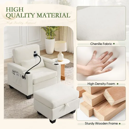 Vista 6 de Chaise Lounge Chair para interiores con puerto USB y soporte para teléfono, sillón reclinable pequeño de felpilla con otomana de almacenamiento