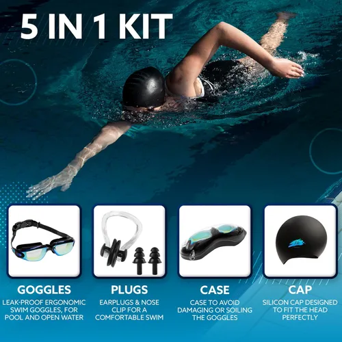 Vista 2 de KALA - Gafas de natación antivaho para adultos, gorro de natación y clip para la nariz incluidos, gafas de natación polarizadas UV, gafas