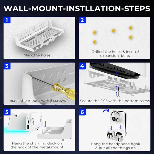 Vista 7 de Kit de montaje en pared para PS5 con estación de carga, soporte de pared delgado para PS5 - Base de cargadores rápidos de doble controlador con luz
