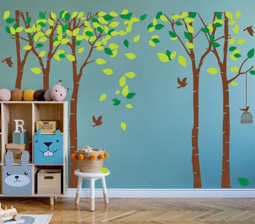Vista 3 de luckkyy Calcomanía para pared, Gran Familia de cinco Árboles con pájaros y jaulas, para habitación familiar, arte decoración.