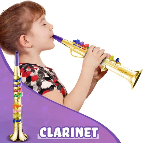 Vista 7 de Lewtemi Juego de 2 instrumentos musicales de juguete que incluye saxofón + 8 teclas de saxofón dorado instrumentos musicales de plástico para niños