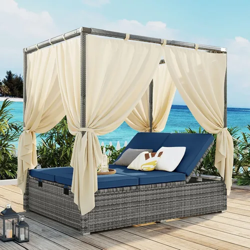Vista 18 de Sofá cama redondo de ratán al aire libre con toldo retráctil y mesa de centro elevadora, muebles de patio, juego de sofá para piscina Garde
