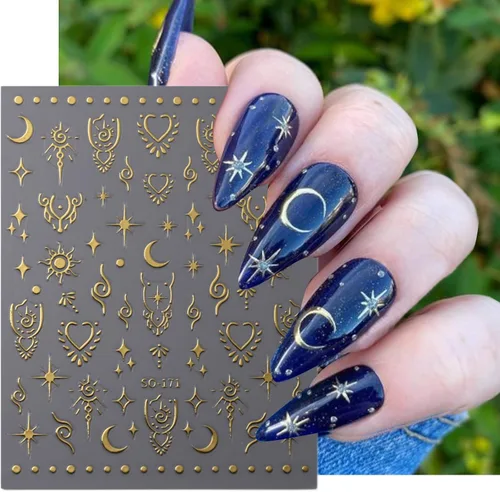 Vista 3 de Calcomanías de uñas de estrella de luna, calcomanías de arte autoadhesivas 3D, calcomanías de diseño de estrellas y sol, suministros de oro láser