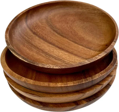 Vista 4 de Juego de 4 platos de madera de acacia, redondos de 6 pulgadas, postre de madera maciza de 1 pulgada de grosor, platos laterales y aperitivos