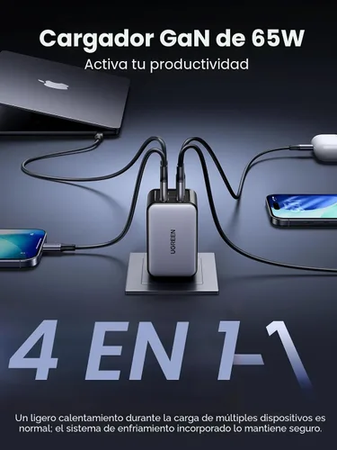 Vista 3 de UGREEN Nexode 65W GaN Cargador de Pared USB C, Cargador de 4 Puertos Tipo-C Rápido Compatible con MacBook Pro/Air, iPhone Serie 17/16/15, Galaxy
