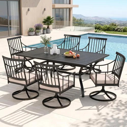 Vista 10 de PHI VILLA Juego de mesa de comedor para patio de 7 piezas con cojín para 6, mesa grande rectangular de metal para exteriores con orificio para Silla