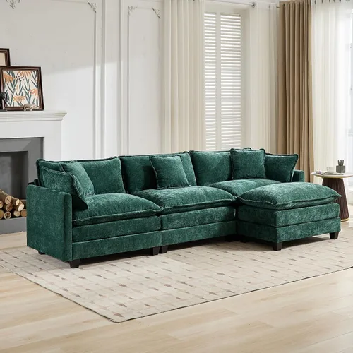 Vista 4 de Sofá seccional modular verde de 111.5", sofás seccionales grandes de 3 plazas para sala de estar, sofá nube oversized de tela chenille con otomana
