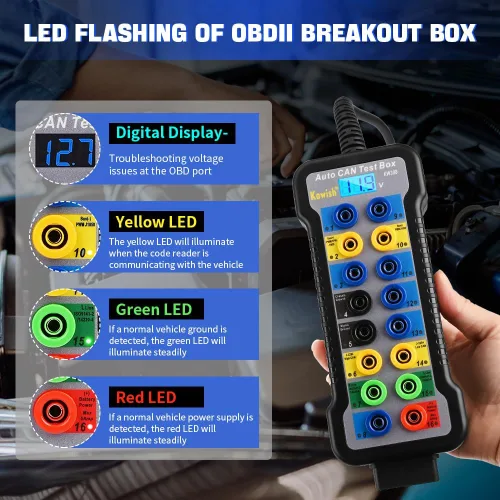 Vista 5 de Caja de ruptura OBD2 KAWISH Detector de protocolo OBDII Auto de 16 pines con pantalla LCD para detección de comunicación de protocolo