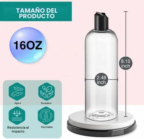 Vista 2 de 3 botellas de viaje recargables de plástico transparente de 16 onzas con tapas superiores de disco negro Squeeze Empty Shampoo Bottles, For