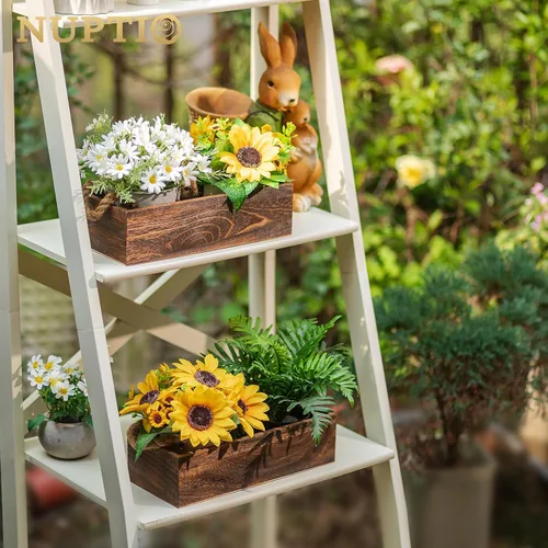 Vista 5 de NUPTIO - Centro de mesa en caja de madera: 2 piezas de 11.8" de largo, jardineras rectangulares de madera - Jarrón de flores de granja para boda