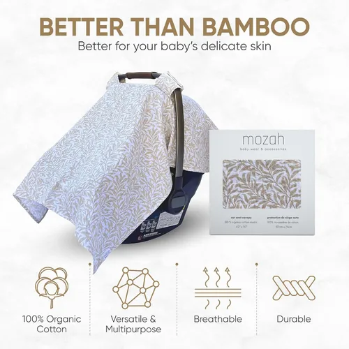 Vista 6 de MOZAH Funda de asiento de coche para bebé, hojas beige, 100% muselina orgánica, suave, transpirable y ligera, esencial para asiento de automóvil