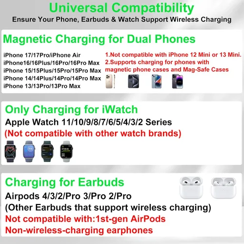 Vista 2 de Estación de carga inalámbrica de teléfono doble para dispositivos Apple, estación de carga magnética para iPhone con interruptor automático de luz