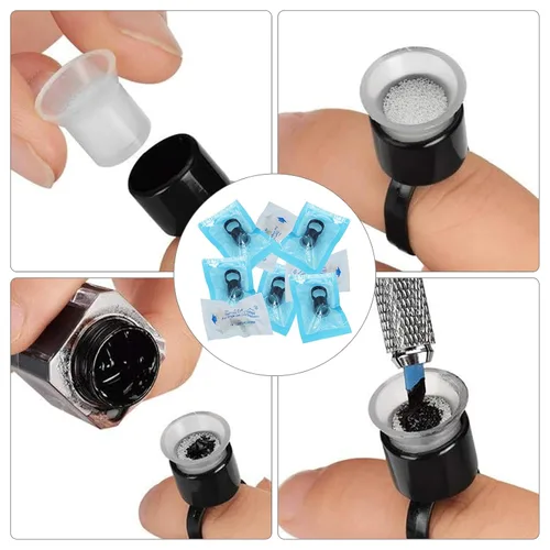 Vista 4 de Vasos de anillo de tinta, 50 anillos de pigmento, anillos de pegamento de pigmento de microblading con copas de tinta de esponja, tapas